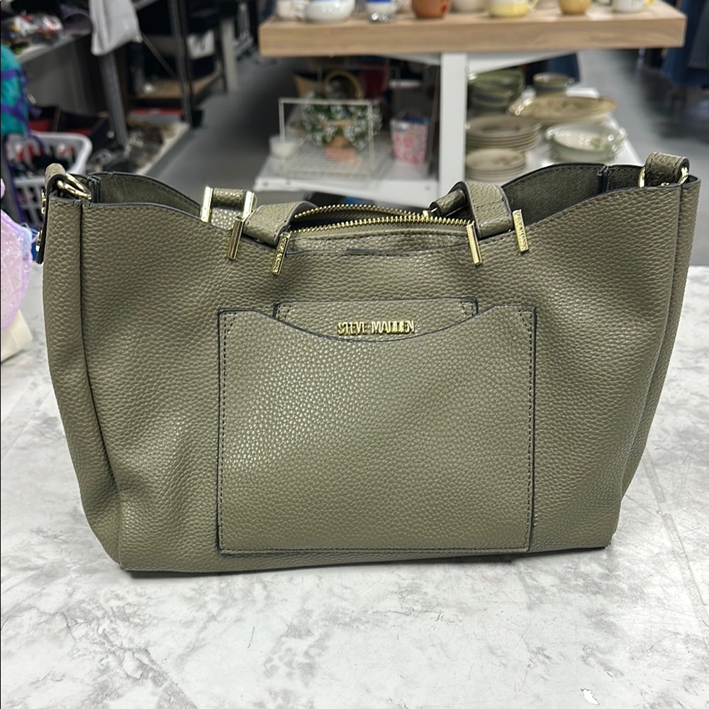 Steve Madden Green Leather Tote with Gold Accents